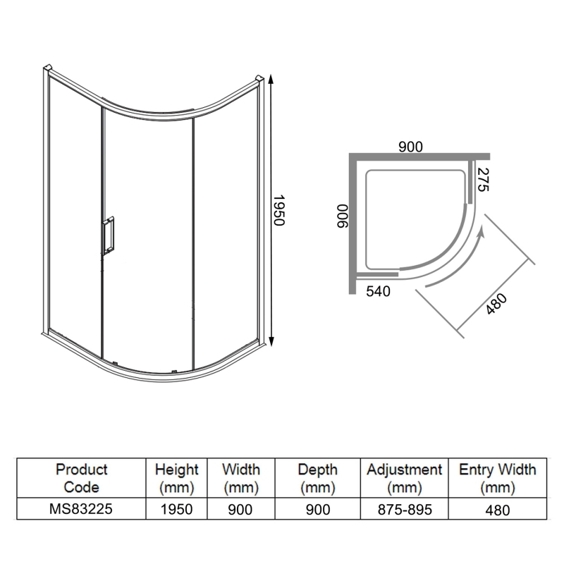 Merlyn 8 Series Quadrant Shower Enclosure 900x900mm MS83225