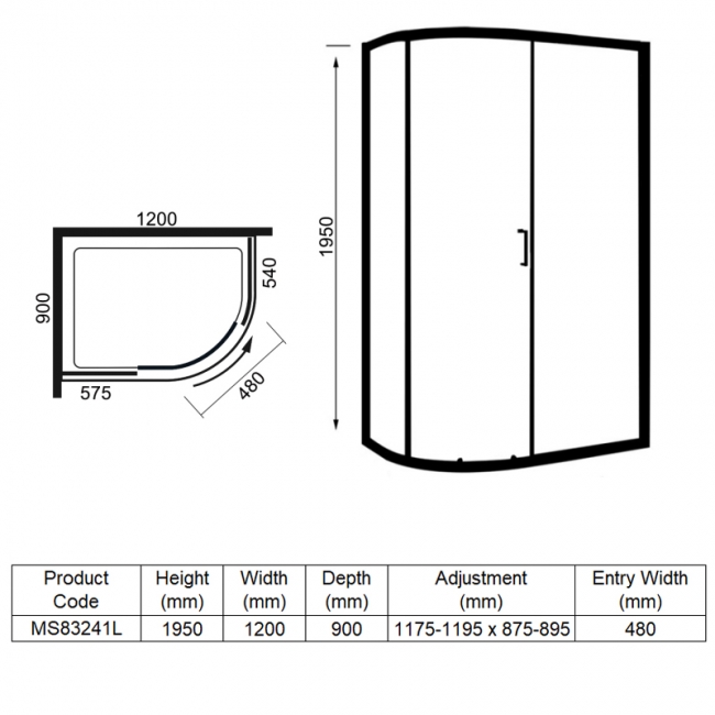 Merlyn 8 Series Offset Quadrant Shower Enclosure with Tray 1200mm x 900mm LH - 8mm Glass