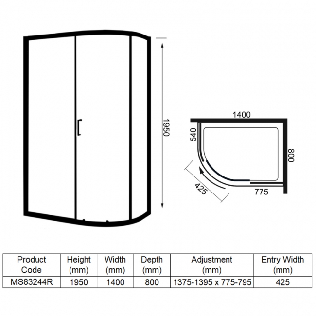 Merlyn 8 Series Offset Quadrant Shower Enclosure with Tray 1400mm x 800mm RH - 8mm Glass