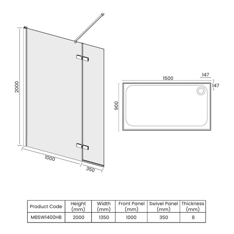Merlyn 8 Series Hinged Wet Room Glass Panel with 1500mm x 900mm Tray - 1350mm Wide