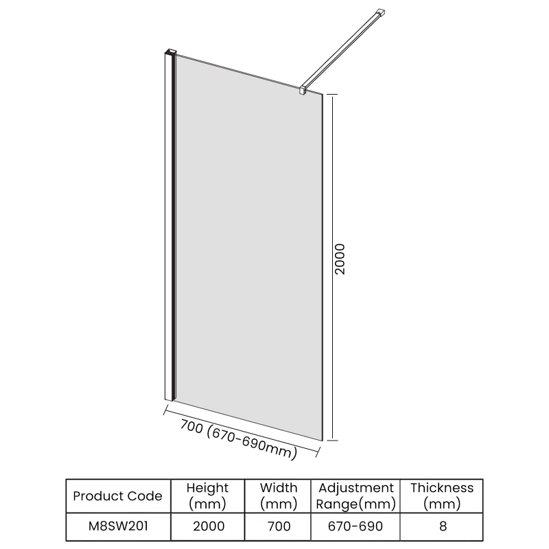 Merlyn 8 Series Wet Room Glass Panel 700mm Wide Clear Glass