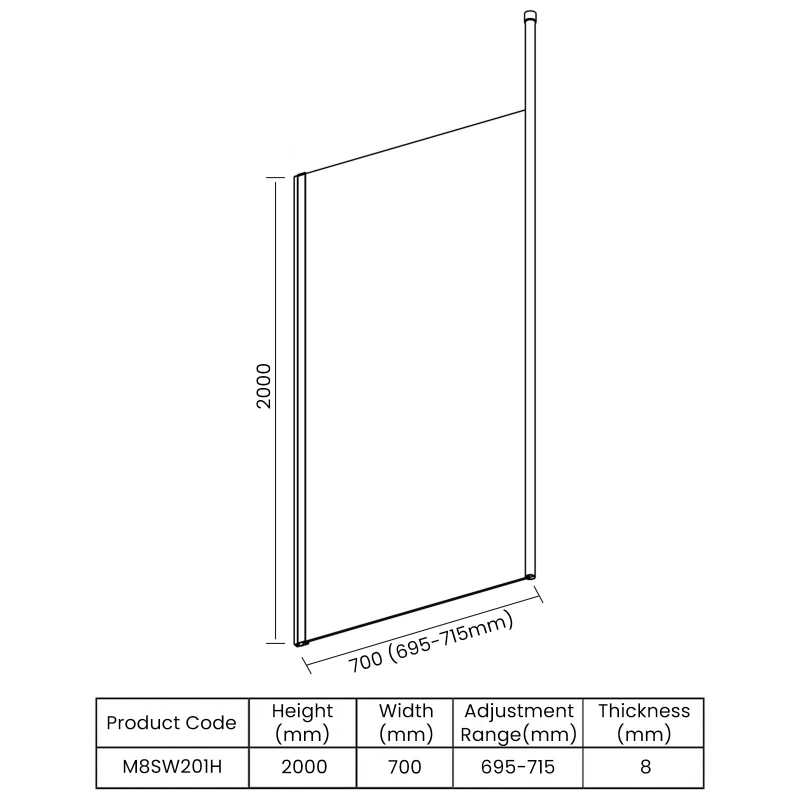 Merlyn 8 Series Vertical Brace Wet Room Glass Panel 700mm Wide 8mm Glass