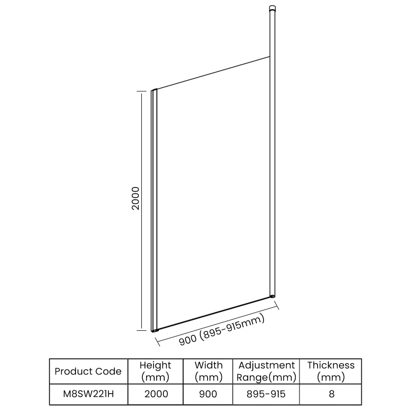 Merlyn 8 Series Vertical Brace Wet Room Glass Panel 900mm Wide 8mm Glass  | Dimension Image