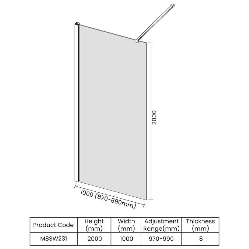 Merlyn 8 Series Wet Room Glass Panel 1000mm Wide Clear Glass