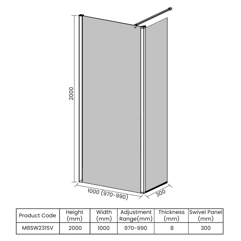 Merlyn 8 Series Wet Room Panel with Swivel Return 1000mm Wide Clear Glass