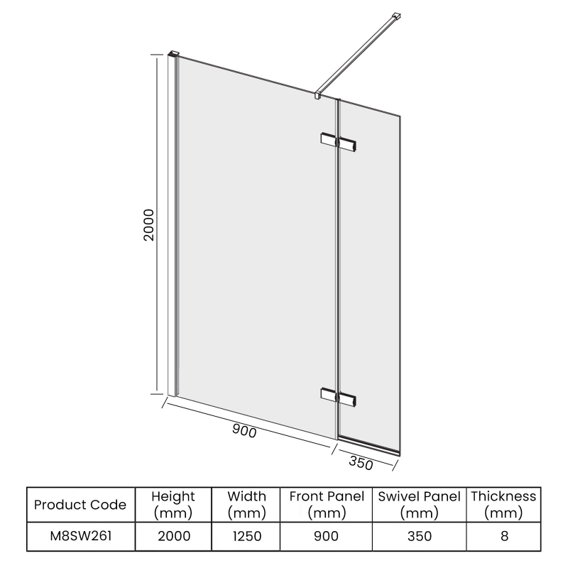 Merlyn 8 Series Hinged Wet Room Glass Panel 900+350mm Wide 8mm Glass