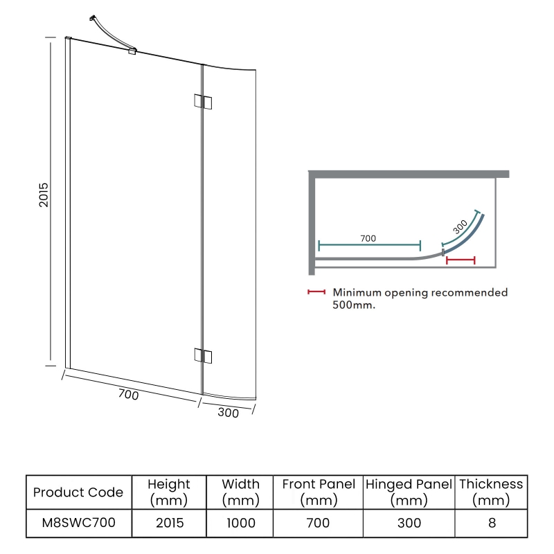 Merlyn 8 Series Wet Room Glass Panel with Curved Hinged Panel 1000mm Wide - 8mm Glass  | Dimension Image