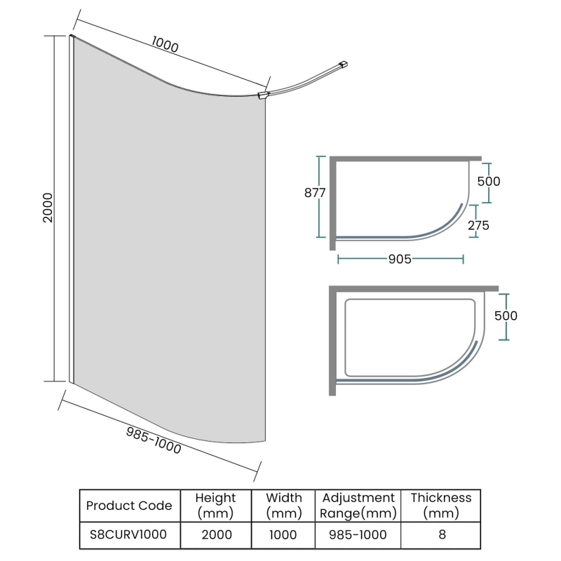 Merlyn 8 Series Curved Wet Room Glass Panel 1000mm Wide - 8mm Glass  | Dimension Image