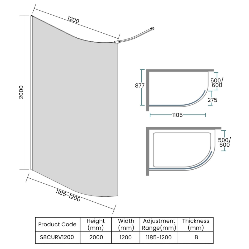 Merlyn 8 Series Curved Wet Room Glass Panel 1200mm Wide - 8mm Glass  | Dimension Image