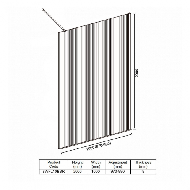 Merlyn 8mm Fluted Wet Room Glass Shower Screen 1000mm Wide - Brushed Brass  | Dimension Image