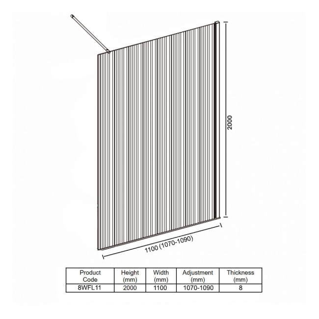 Merlyn 8mm Fluted Wet Room Glass Shower Screen 1100mm Wide - Chrome  | Dimension Image