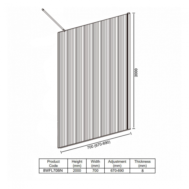 Merlyn 8mm Fluted Wet Room Glass Shower Screen 700mm Wide - Brushed Nickel  | Dimension Image