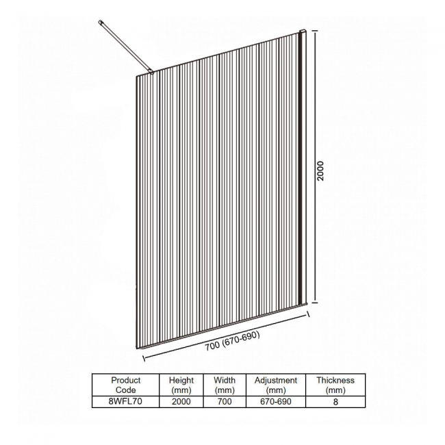 Merlyn 8mm Fluted Wet Room Glass Shower Screen 700mm Wide - Chrome  | Dimension Image