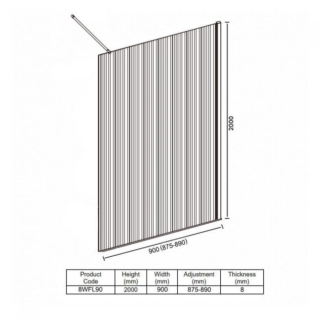 Merlyn 8mm Fluted Wet Room Glass Shower Screen 900mm Wide - Chrome  | Dimension Image