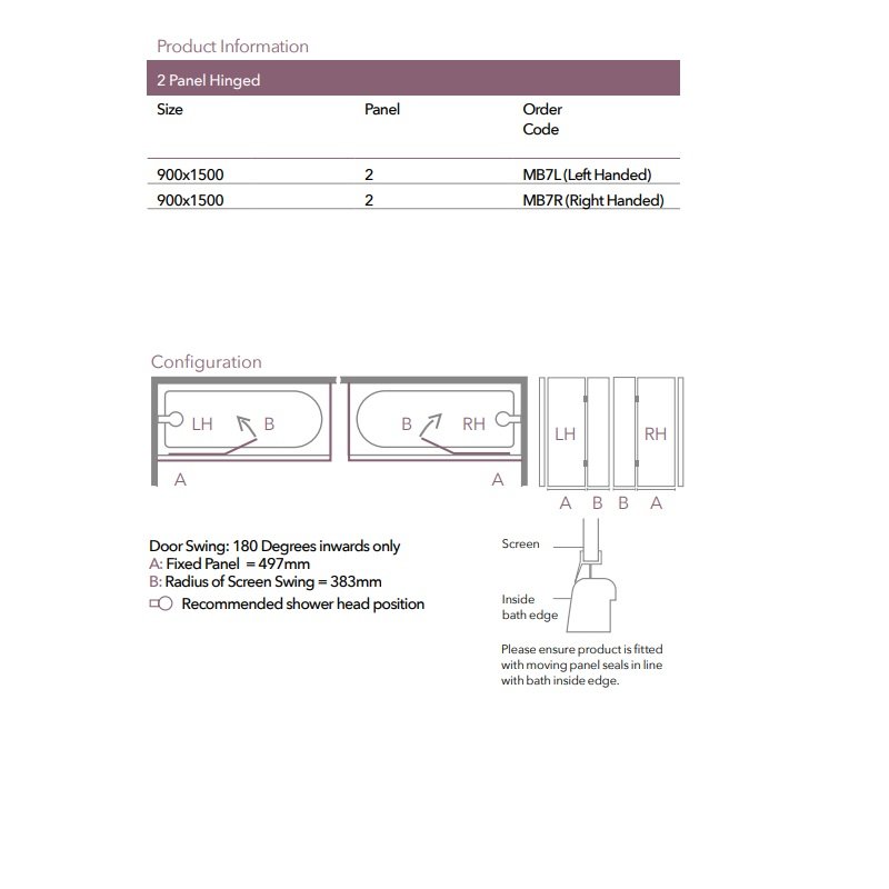 Merlyn Two Panel Square Hinged Bath Screen 1500mm H x 900mm W Left Handed - Clear Glass