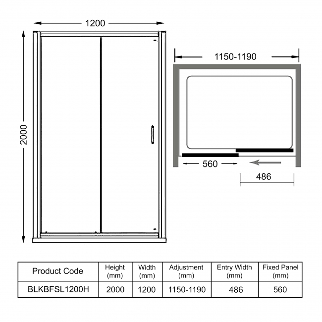 Merlyn Black Sliding Shower Door with Tray 1200mm Wide - 8mm Glass