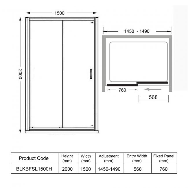 Merlyn Black Sliding Shower Door with Tray 1500mm Wide - 8mm Glass