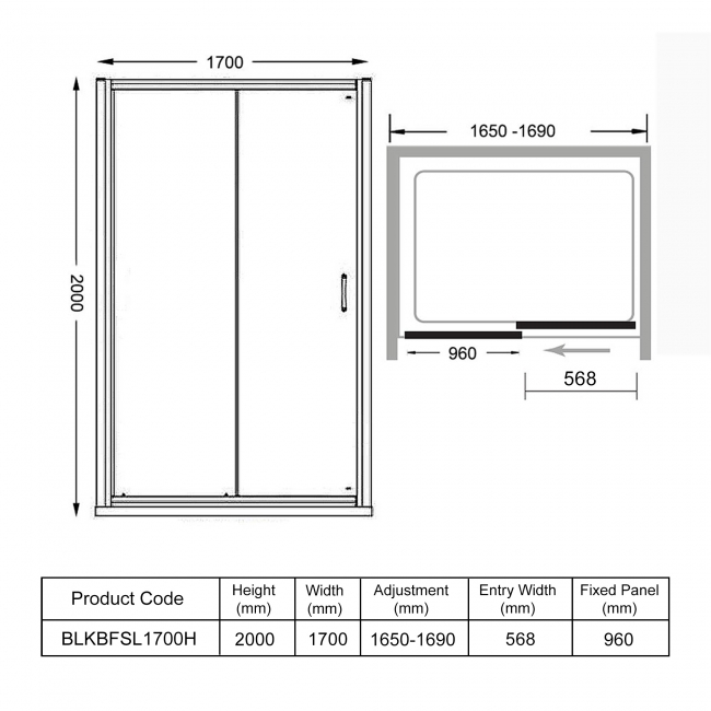 Merlyn Black Sliding Shower Door with Tray 1700mm Wide - 8mm Glass