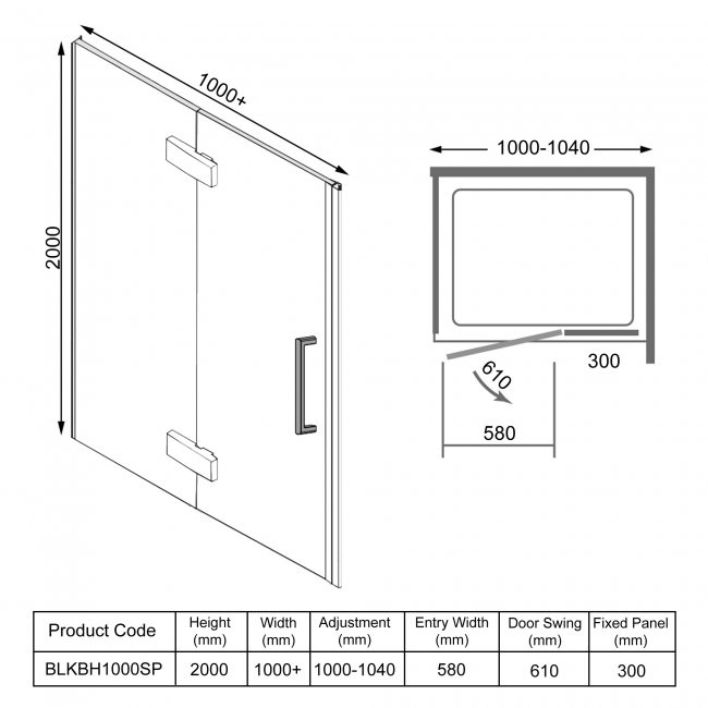 Merlyn Black Hinged Shower Door 1000mm BLKBH1000SP