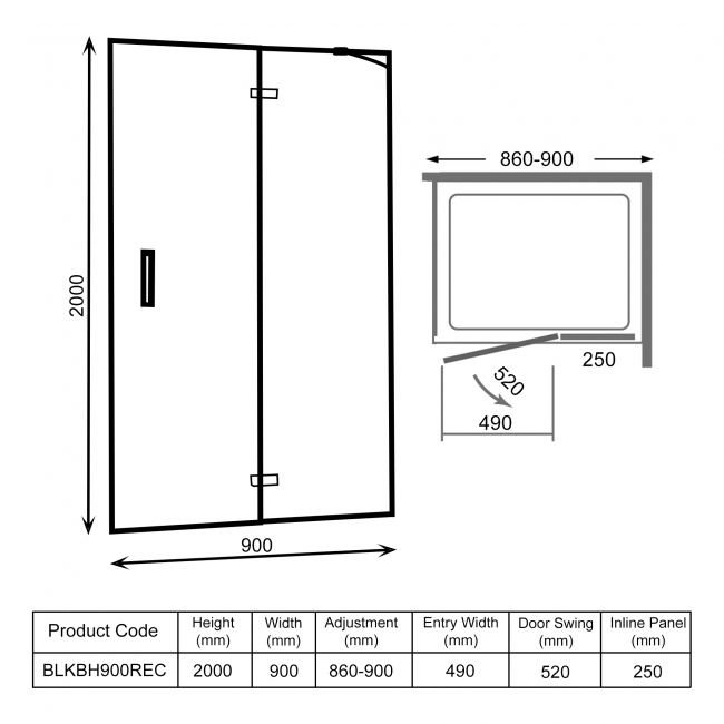 Merlyn Black Hinged Shower Door 900mm BLKBH900REC