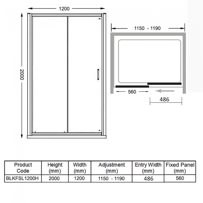 Merlyn Black Sliding Shower Door 1200mm Wide - 8mm Glass  | Dimension Image
