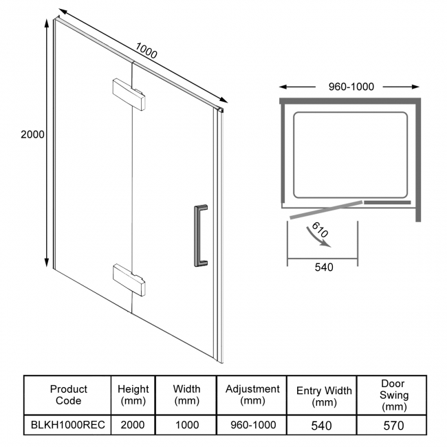 Merlyn Black Inline Recess Hinged Shower Door 1000mm Wide - 8mm Glass