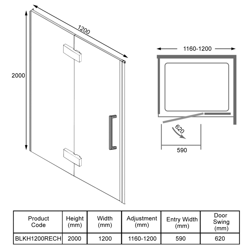 Merlyn Black Inline Recess Hinged Shower Door 1200mm Wide - 8mm Glass