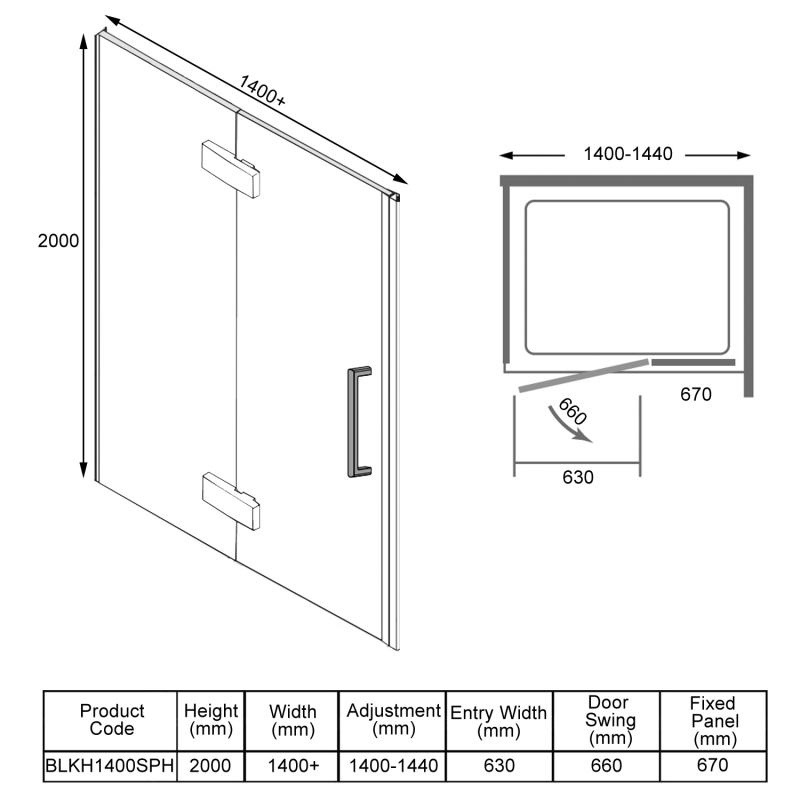 Merlyn Black Frameless Inline Hinged Shower Door 1400mm Wide - 8mm Glass
