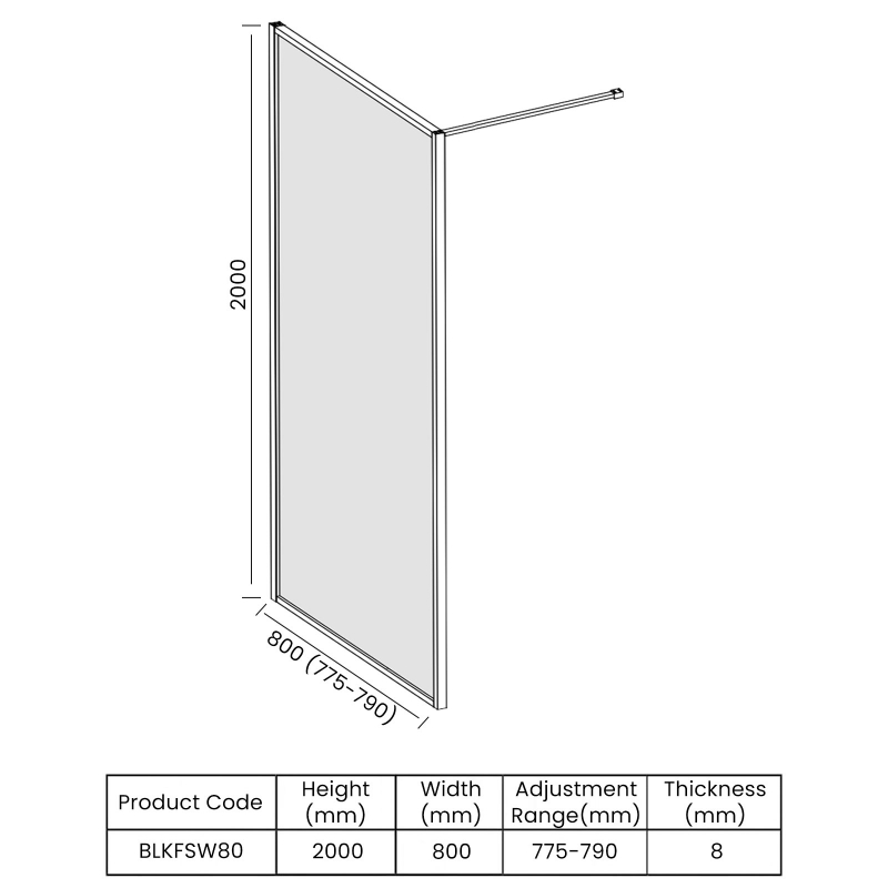 Merlyn Black Framed Wet Room Glass Panel 800mm Wide - 8mm Glass