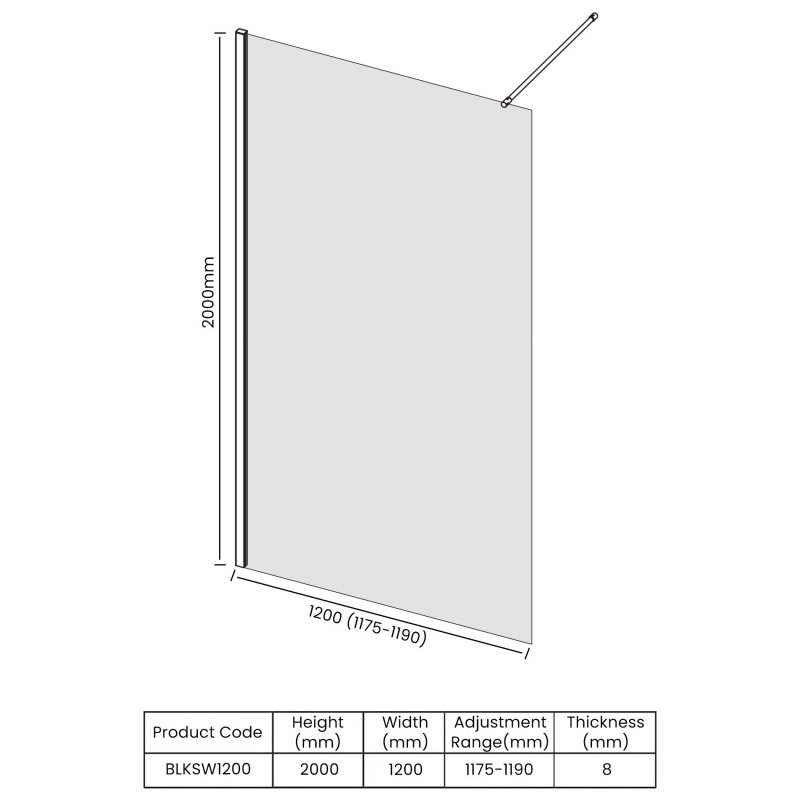Merlyn Black Wet Room Panel | BLKSW1200 | 1200mm | 8mm | Clear