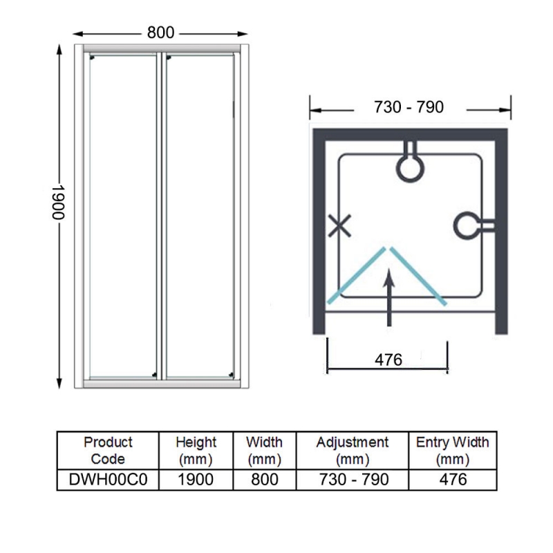 Merlyn Ionic Essence Framed Bi-Fold Shower Door 800mm Wide - 6mm Glass  | Dimension Image