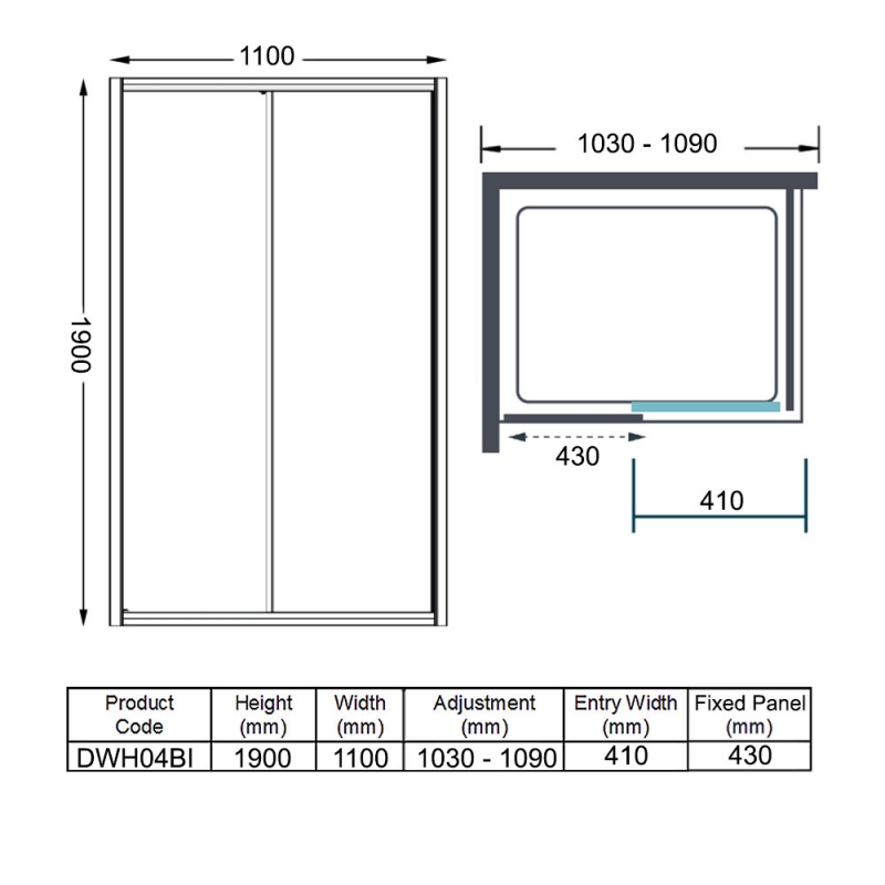 Merlyn Ionic Essence Framed Sliding Shower Door 1100mm Wide - 8mm Glass  | Dimension Image