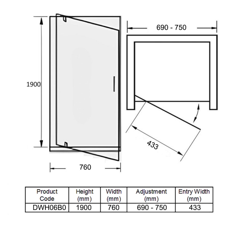 Merlyn Ionic Essence Framed Pivot Shower Door 760mm Wide - 8mm Glass