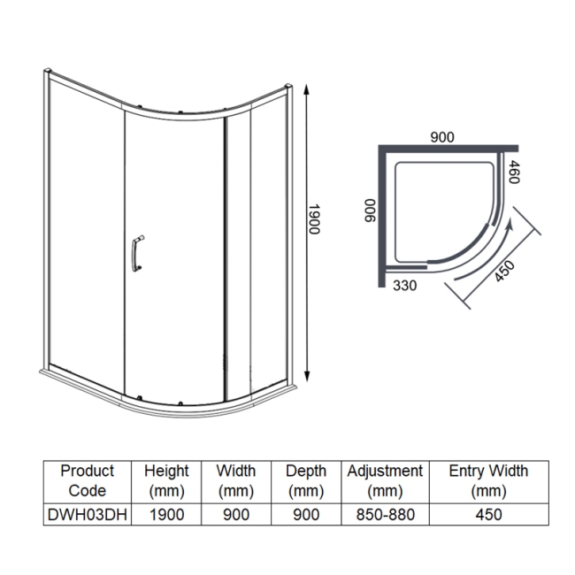 Merlyn Ionic Essence Framed 1-Door Quadrant Shower Enclosure 900mm x 900mm - 8mm Glass  | Dimension Image