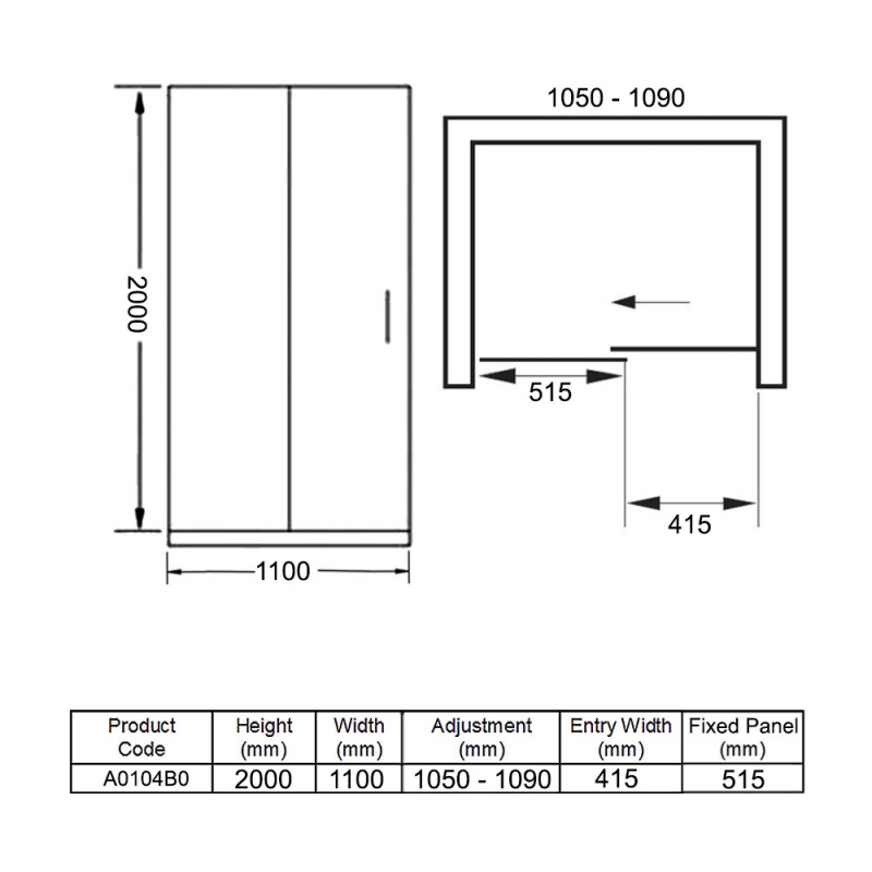 Merlyn Ionic Essence Sliding Shower Door 1100mm Wide - 8mm Glass  | Dimension Image