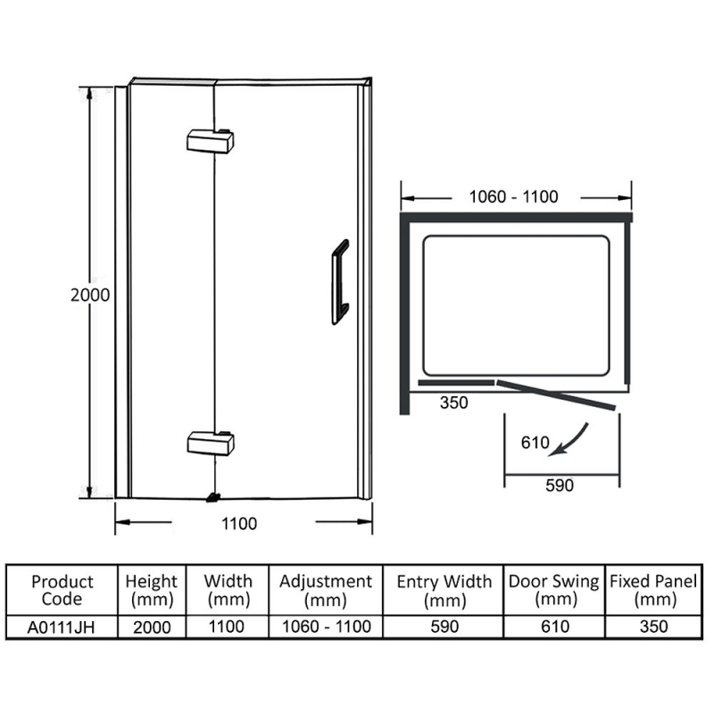 Merlyn Ionic Essence Inline Hinged Shower Door 1100mm Wide - 8mm Glass  | Dimension Image