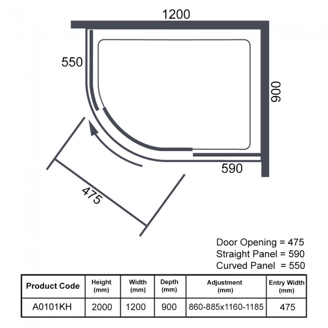 Merlyn Ionic Essence 1-Door Offset Quadrant Shower Enclosure 1200mm x 900mm LH - 8mm Glass  | Dimension Image