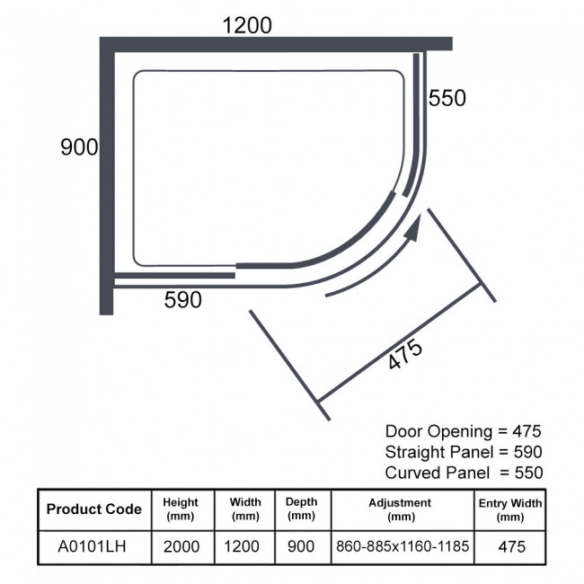 Merlyn Ionic Essence 1-Door Offset Quadrant Shower Enclosure 1200mm x 900mm RH - 8mm Glass  | Dimension Image