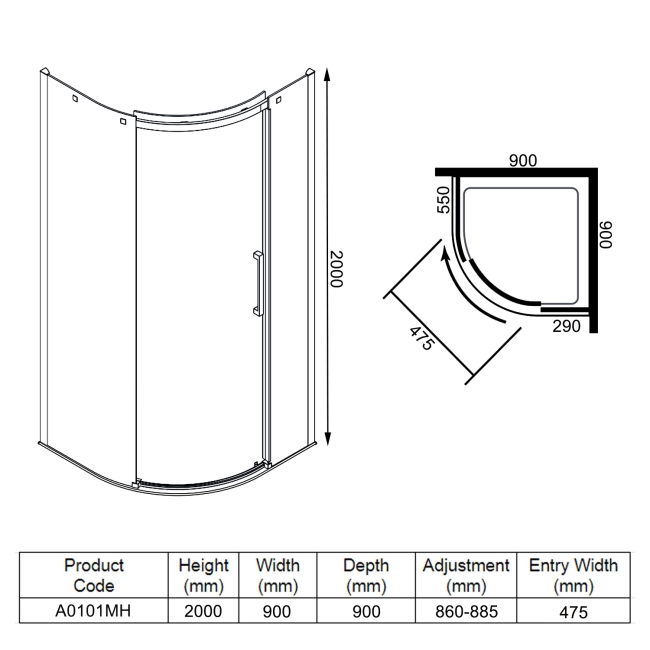 Merlyn Ionic Essence 1-Door Quadrant Shower Enclosure 900mm x 900mm LH - 8mm Glass  | Dimension Image