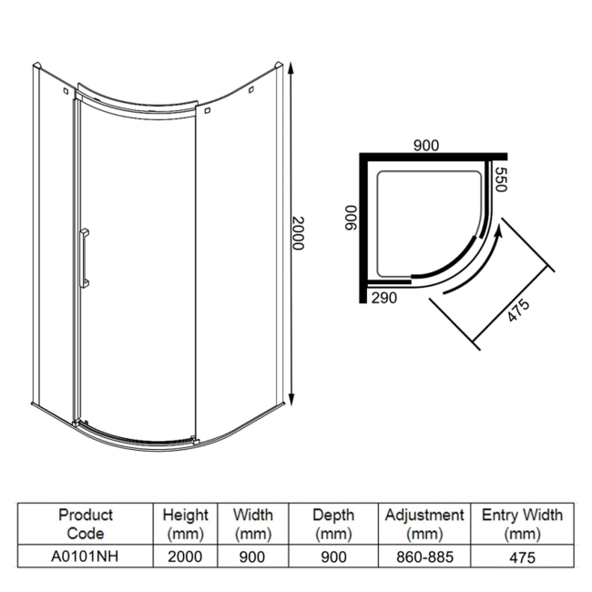 Merlyn Ionic Essence 1-Door Quadrant Shower Enclosure 900mm x 900mm RH - 8mm Glass  | Dimension Image