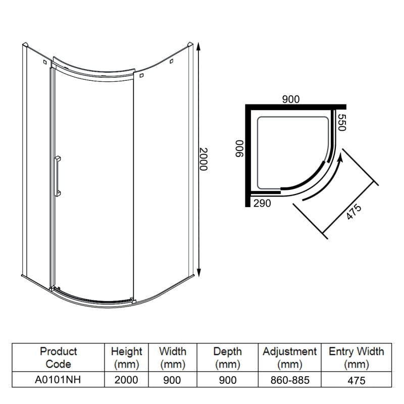 Merlyn Ionic Essence 1-Door Quadrant Shower Enclosure 900mm x 900mm RH - 8mm Glass