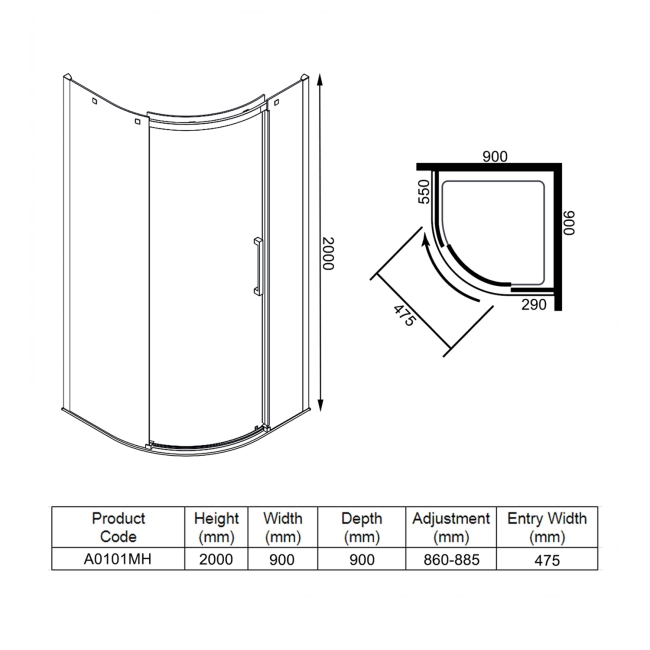 Merlyn Ionic Essence Frameless Black Quadrant Shower Enclosure 900mm x 900mm LH  | Dimension Image