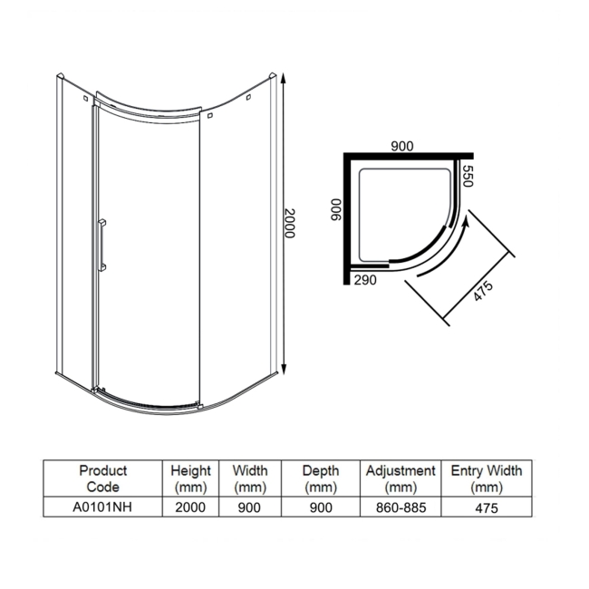 Merlyn Ionic Essence Frameless Black Quadrant Shower Enclosure 900mm x 900mm RH  | Dimension Image