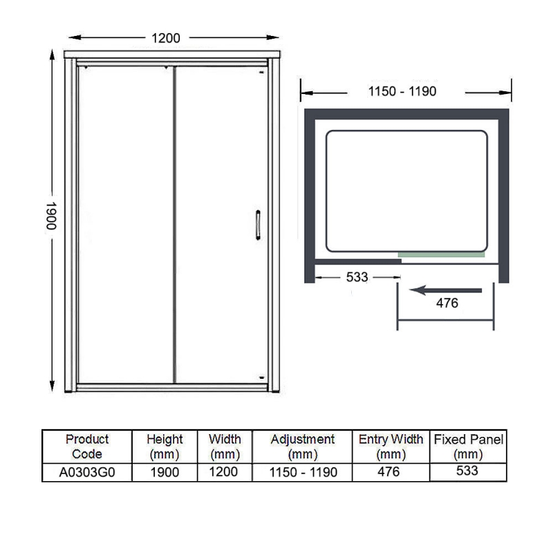 Merlyn Ionic Express Low Level Sliding Shower Door 1200mm Wide (Left Handed)  | Dimension Image