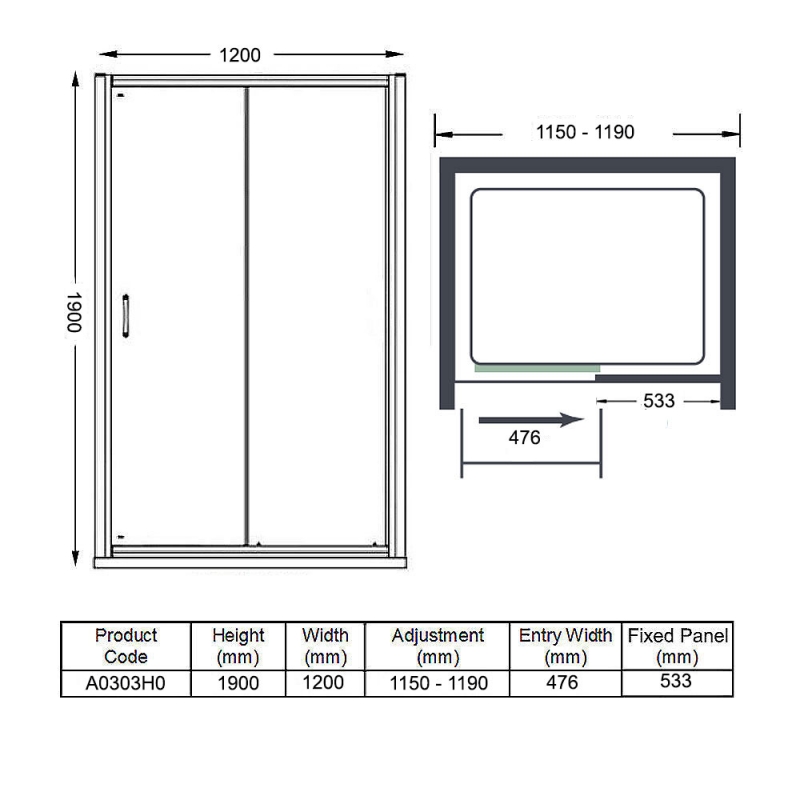 Merlyn Ionic Express Low Level Sliding Shower Door 1200mm Wide (Right Handed)  | Dimension Image
