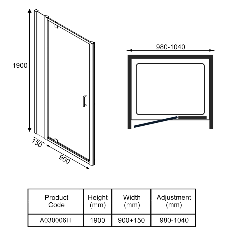 Merlyn Ionic Express Inline Pivot Shower Door 1000mm+ Wide - 6mm Glass  | Dimension Image