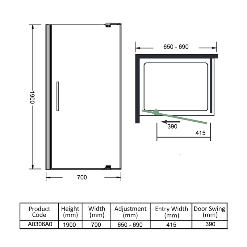 Merlyn Ionic Express Pivot Shower Door 700mm Wide - 6mm Glass  | Dimension Image