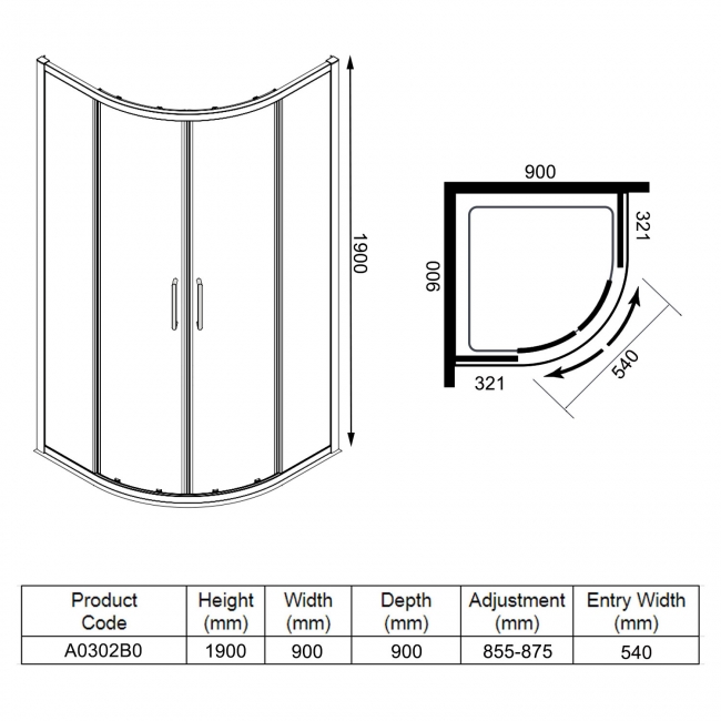 Merlyn Ionic Express Quadrant Shower Enclosure 900mm x 900mm - 6mm Glass  | Dimension Image