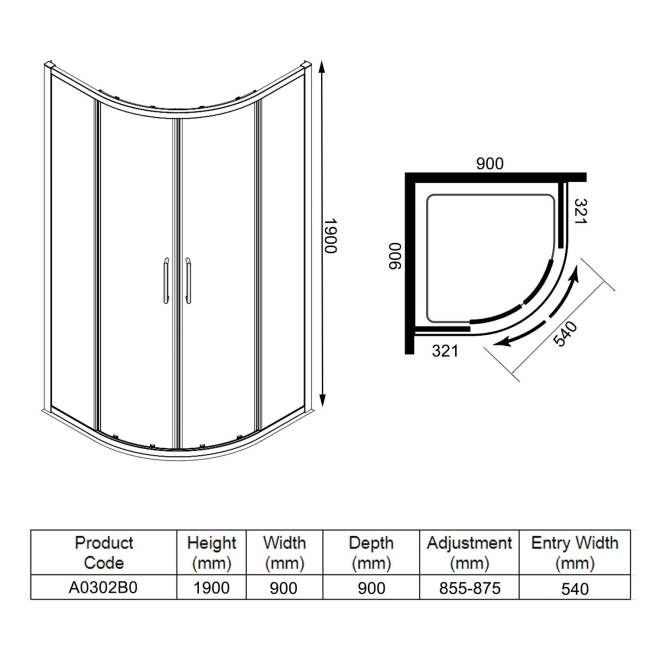 Merlyn Ionic Express Quadrant Shower Enclosure 900mm x 900mm - 6mm Glass  | Dimension Image