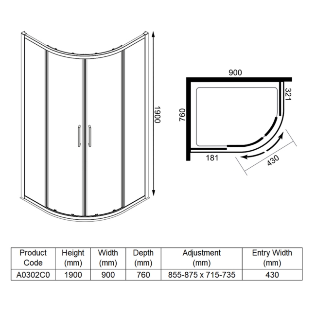 Merlyn Ionic Express Offset Quadrant Double Shower Enclosure 900mm x 760mm - 6mm Glass  | Dimension Image